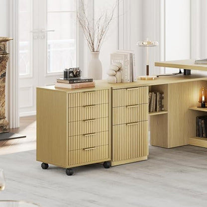 5 Drawer Chest, Under Desk Storage Wood Drawers with Wheels,Fluted File Cabinet for Home Office, Light Walnut - color: Light Walnut