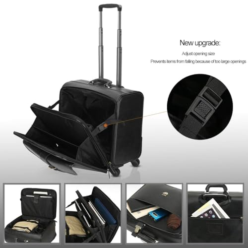Leathario Leather Rolling Laptop Case Wheeled Briefcase Suitcase Roller Boarding - color: Black