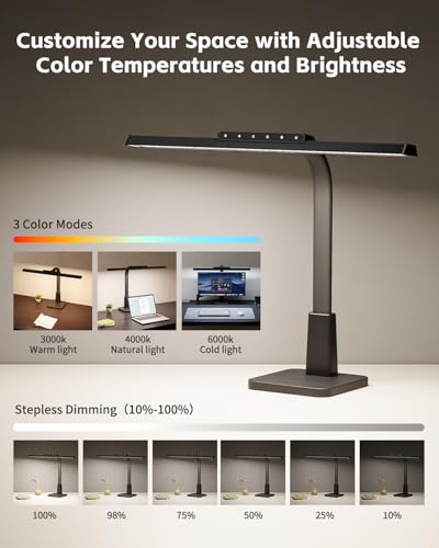 LED Desk Lamp for Home Office with Base, Dimmable Eye-Caring Computer Light with Memory & Timer Functions, Flexible Gooseneck Touch Control Architect Desk Light for Reading, Study, Workbench (Black) - color: Black, size: Head Length 20.67" with Base