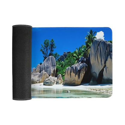 Beaches Scene France Seychelles Large Extended Gaming Mouse Pad (12x24in) - Durable Stitched Edges XXL Desk Mat for Keyboard and Mouse - Water Resistant & Non-Slip Rubber Base - color: black-3, size: 12x24in