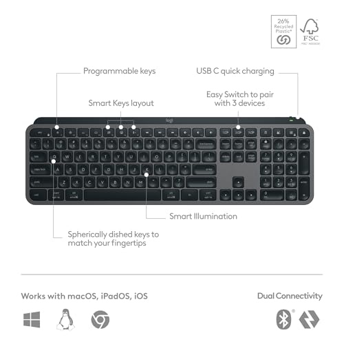 Logitech MX Keys S Wireless Keyboard, Low Profile, Fluid Precise Quiet Typing, Programmable Keys, Backlighting, Bluetooth, USB C Rechargeable, for Windows PC, Linux, Chrome, Mac - Graphite - color: Graphite, style: MX Keys S