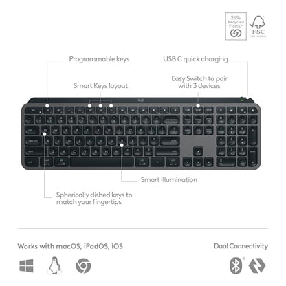 Logitech MX Keys S Wireless Keyboard, Low Profile, Fluid Precise Quiet Typing, Programmable Keys, Backlighting, Bluetooth, USB C Rechargeable, for Windows PC, Linux, Chrome, Mac - Graphite - color: Graphite, style: MX Keys S