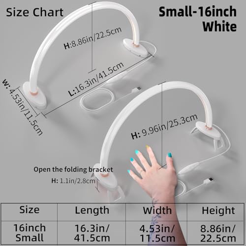 Small Half Moon Light for Nail Desk, 3 Color Temperature 3500K-6500K,180°Surround Moon Light Nail Tech,Half moon nail lamp for Manicure Sculpture Handicrafts etc Lighting,Personal DIY use 16inch - size: 16inch White