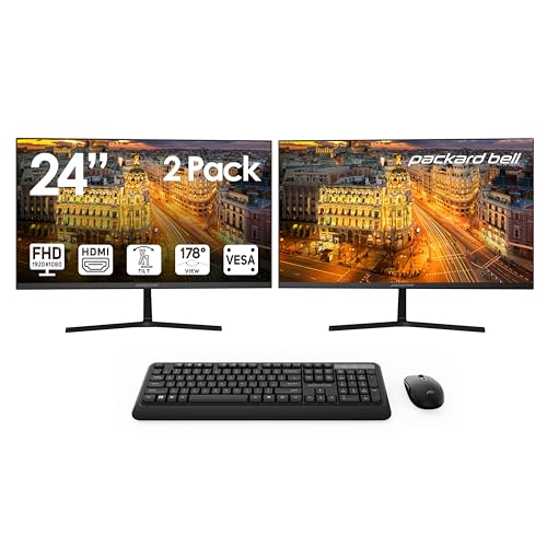 Packard Bell airFrame 24" FHD Monitors + Wireless Keyboard & Mouse, VESA Mount Compatible, HDMI/VGA, Tilt, Slim Bezel, for Home, Office, Light Gaming – 2 Pack - size: 24 Inch, style: 2 Pack + Wireless Keyboard/Mouse Bundle