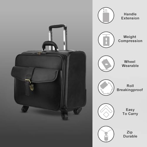 Leathario Leather Rolling Laptop Case Wheeled Briefcase Suitcase Roller Boarding - color: Black