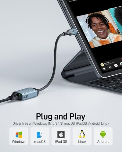 Acer USB C to Ethernet Adapter, Plug and Play RJ45 to Type C Network Dongle(Thunderbolt 3/4 Compatible), 1Gbps Aluminum USB-C LAN Adapter for Laptop, MacBook Pro/Air, iPad Pro, iPhone 15/16, Dell XPS