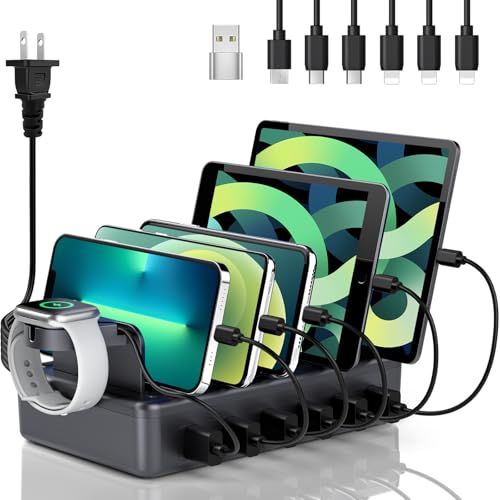 Charging Station for Multiple Devices, 6 in 1 Charger Station Multiple Charging Station for Cellphone Tablet iPhone iPad and More-50W Charging Dock with Mixed Charging Cables - color: Space Gray