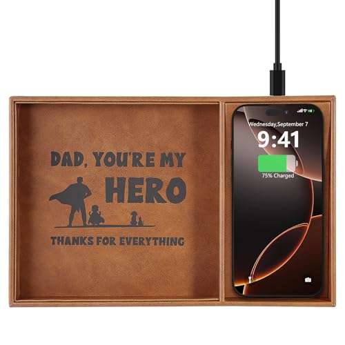 Valet Tray with Integrated Wireless Charger - Dad You're My Hero Engraved EDC Nightstand Organizer for Men -Catchall Tray for Phone, Watch, Keys - Aesthetic Office Desk Accessories, Brown - color: Best Dad-brown