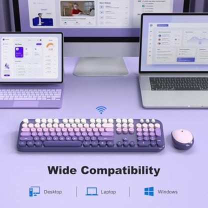 MOFII Wireless Keyboard and Mouse Combo, Full Size 2.4G Retro Round Computer Keyboard and Mouse Set, Plug and Play, for Windows, Computer, Desktop, PC, Notebook - (Purple Gradient) - color: Lovely-Purple Gradient