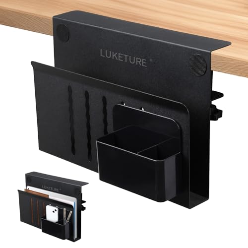 LUKETURE Desk Side Storage, Steel Side Desk Organizer, No Drill Laptop Holder, Clamp on Laptop Mount with Pen Holder, Table Hanging Storage for Home Office, Fits Flat Edge Tables 0.3" to 2.8" - color: Black, size: M(1 Tier)