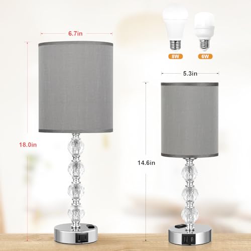 Acaxin Touch Bedside Crystal Lamps for Bedrooms Nightstand with USB C+A Charging Port and AC Outlet White, 3 Way Dimmable Silver Large End Side Table Lamp for Living/Dinning Room/Kitchen/Bedroom - color: Gray, size: 18.0in