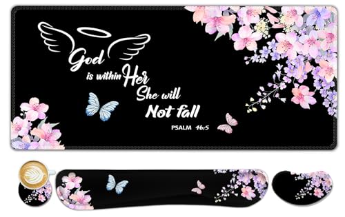 ARTSO Large Mouse Pad Keyboard Wrist Rest Support Combo, Memory Foam Wrist Pad, Extended Desk Mat Protector, God is Within Her Desk Blotter, Psalm Flower Butterfly - color: Psalm Flower Butterfly