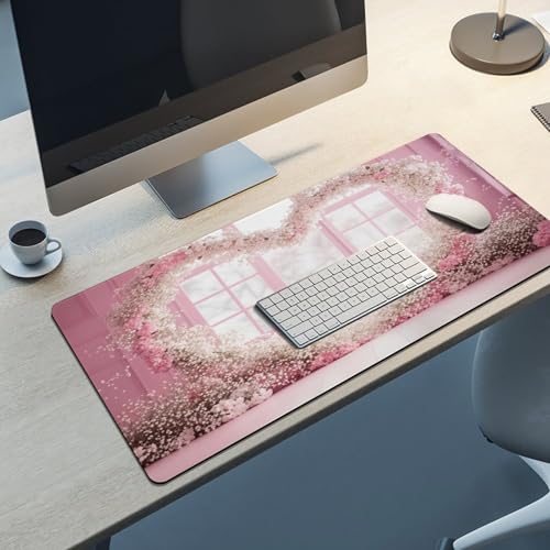 Valentine's Day Pink Cherry Blossom & Heart Large Extended Gaming Mouse Pad 36"x16" - XXL Computer Desk Mat for Keyboard and Mouse - Non-Slip Rubber Base & Durable Stitched Edges - color: Black-2, size: 36"Lx16"W