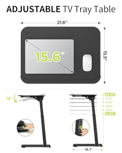 SAIJI Sturdy TV Tray Table with Wheels, Heavy Duty Metal TV Trays for Eating on Couch, Height & Angle Adjustable Desk for Bed, Sofa, Recliner, Portable Small Foldable Tables
