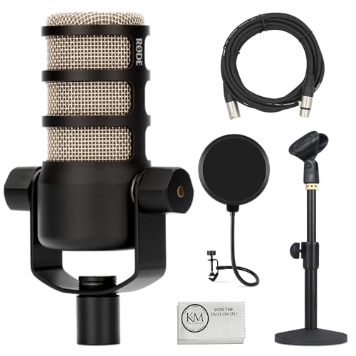 Rode PodMic Dynamic Podcasting Microphone | Black Bundle with Pop Filter + Desktop Microphone Stand + XLR Cable + Cleaning Cloth (5 Item) - color: Black, style: XLR Only