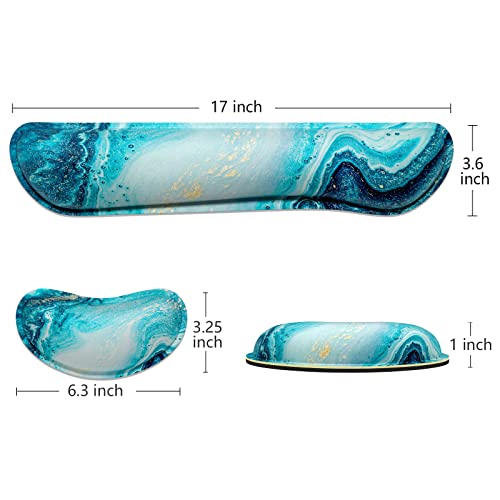 Dapesuom Enlarge Keyboard Wrist Rest, Memory Foam Wrist Cushion for Desk Mats Support, Cute Marble Pain Relief Keyboard Mouse Pad Rests Set with Non-Slip Base for Gaming Laptop Office Computer, Blue - color: Ocean Blue Marble