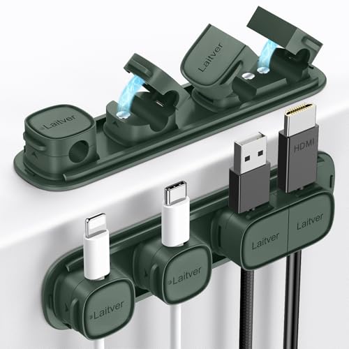6 Pack Magnetic Cable Clips [1s Open/Lock], Laitver Cord Organizer Holder Strong Adhesive Desk Cable Management- Organize Charging Cords Neatly for Home, Office, Car,Desk, Nightstand-Dark Green - color: Dark Green
