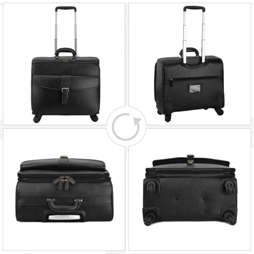 Leathario Leather Rolling Laptop Case Wheeled Briefcase Suitcase Roller Boarding - color: Black