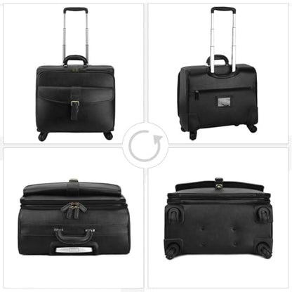 Leathario Leather Rolling Laptop Case Wheeled Briefcase Suitcase Roller Boarding - color: Black