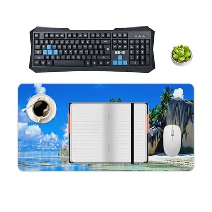 Beaches Scene France Seychelles Large Extended Gaming Mouse Pad (12x24in) - Durable Stitched Edges XXL Desk Mat for Keyboard and Mouse - Water Resistant & Non-Slip Rubber Base - color: black-3, size: 12x24in