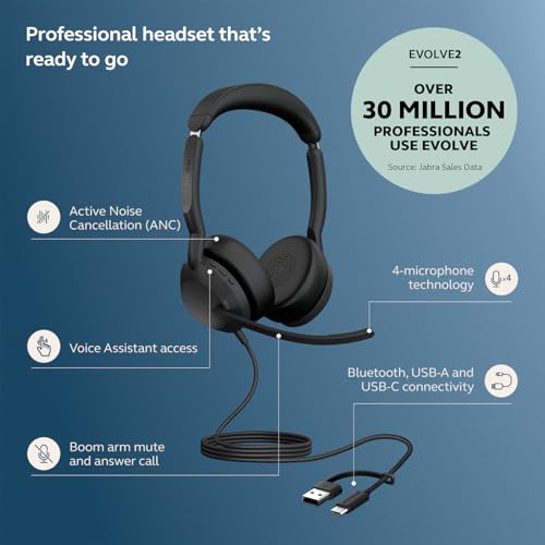 Jabra Evolve2 50 Wired Dual-Ear Headset - Noise Cancelling Headphones, Bluetooth Headset for Work with Noise Cancelling Microphones, Goes with Online Meeting Platforms Like Microsoft Teams, Black - style: All Platforms, Dual Ear 2