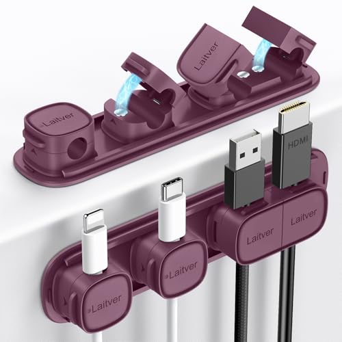 6 Pack Magnetic Cable Clips [1s Open/Lock], Laitver Cord Organizer Holder Strong Adhesive Desk Cable Management- Organize Charging Cords Neatly for Home, Office, Car,Desk, Nightstand-Dark Purple - color: Dark Purple