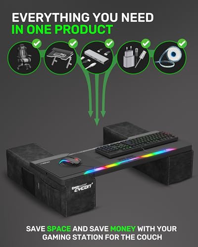 Couchmaster CYCON³ HORIZONLIGHT Bar, Ultimate Ergonomic USB-Hub Gaming Lap Desk for Couch and Bed, Large, Stable and Compatible with All Keyboards and Mouse/Mice, Laptops, PCs, PS4/5, Xbox - color: Black
