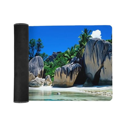 Beaches Scene France Seychelles Large Extended Gaming Mouse Pad (16x36in) - Durable Stitched Edges XXL Desk Mat for Keyboard and Mouse - Water Resistant & Non-Slip Rubber Base - color: black-3, size: 16x36in