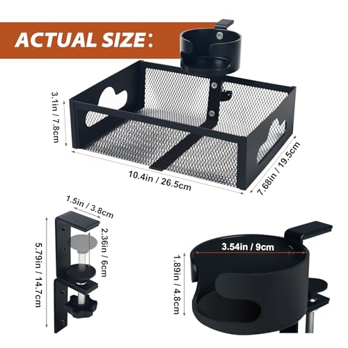 Under Desk Organizer 360° Swivel with Cup Holder, Clamp-On No Drill Installation, Sturdy Mesh Storage Drawer for Office,Drawing Room and Kitchen Room,Art Supplies and More (Black) (with Cup Holder) - size: with holder cup