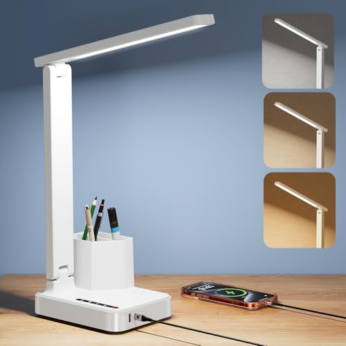 COZOO LED Desk Lamp with 2 USB Charging Ports,Type C Port,1 AC Outlet,2 Pen Holders,3 Color Temperature 3 Brightness Level,Touch/Memory/Timer,10W Eye Protection Foldable Reading Light,Study Lamp-White - color: White