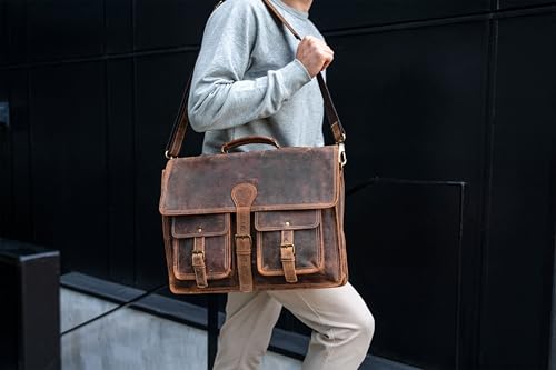 Leather briefcase 18 inch laptop messenger bag for men and women best satchel office bag - color: Brown, size: 18 inch