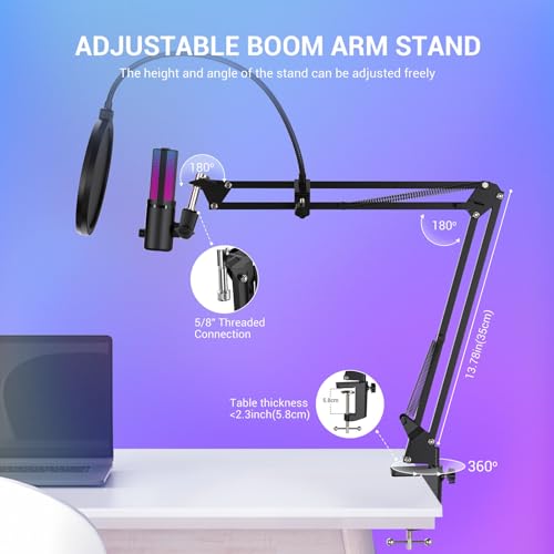 FDUCE Gaming USB Microphone, RGB Condenser mic with Mute, Gain, Monitoring, Boom Arm for Streaming, Podcast, Twitch, YouTube, PC, Computer, PS5, (M160+) - style: Mic with Boom Arm