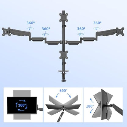 Pholiten Quad 4 Monitor Arm Desk Mount for Max 32 inch Screens, Gas Spring Adjustment Monitor Stand with VESA 75x75mm, 100x100 mm, Clamp & Grommet Install Black MD18864 - style: 4 monitor mount