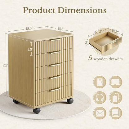 5 Drawer Chest, Under Desk Storage Wood Drawers with Wheels,Fluted File Cabinet for Home Office, Light Walnut - color: Light Walnut