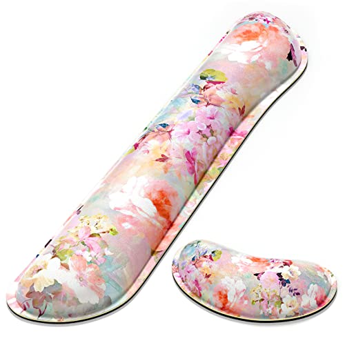 Dapesuom Enlarge Keyboard Wrist Rest, Memory Foam Wrist Cushion for Desk Mats Support, Cute Flower Pain Relief Keyboard Mouse Pad Rests Set with Non-Slip Base for Gaming Laptop Office, Peonies Floral - color: Pink Peonies Floral