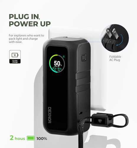 Dexnor 3-in-1 Power Bank, 15,000mAh Battery Pack with 65W Output, Foldable AC Plug, Built-in USB Handle Cable, Support PD3.0 and PPS Fast Charging, Sleek Portable Charger for iPhone, Samsung, etc.