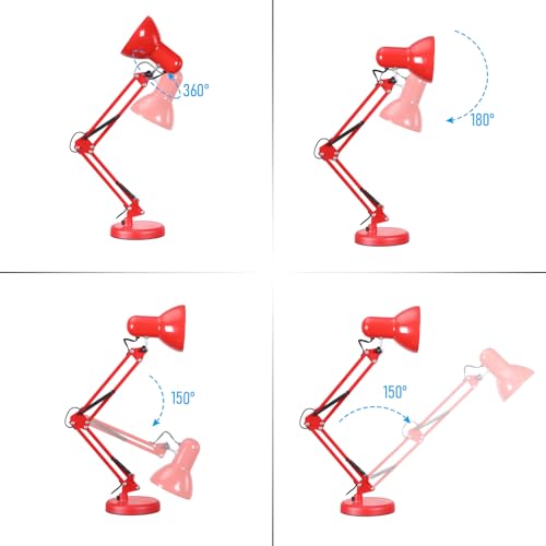 TORCHSTAR Metal Desk Lamp with Clamp, Swing Arm, Architect Adjustable Gooseneck Table Lamp, Clip Desk Lights for Home Office, Work, Study, Reading, E26 Base, Multi-Joint, Red - color: Red