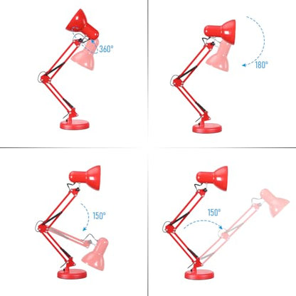 TORCHSTAR Metal Desk Lamp with Clamp, Swing Arm, Architect Adjustable Gooseneck Table Lamp, Clip Desk Lights for Home Office, Work, Study, Reading, E26 Base, Multi-Joint, Red - color: Red