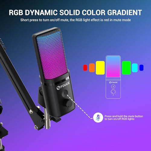 FDUCE Gaming USB Microphone, RGB Condenser mic with Mute, Gain, Monitoring, Boom Arm for Streaming, Podcast, Twitch, YouTube, PC, Computer, PS5, (M160+) - style: Mic with Boom Arm