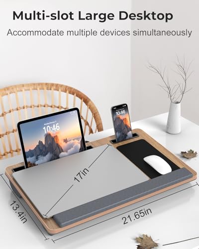 Potuopy Lap Desk - Up to 17” Laptop Tray with Wrist Rest, Portable Handle, Fixed Mouse Pad, Tablet & Phone Slots, Laptop Stand for Bed with Cushion (Dark Brown Woodgrain) - color: Dark Brown Woodgrain