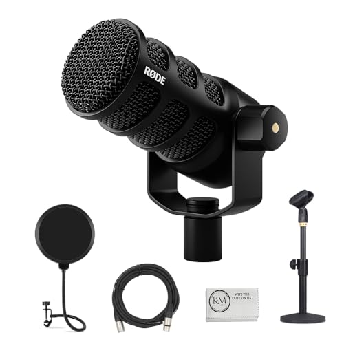 Rode PodMic USB and XLR Dynamic Podcasting Microphone | Black Bundle with Pop Filter + Desktop Microphone Stand + XLR Cable + Cleaning Cloth (5 Item) - color: Black, style: XLR + USB