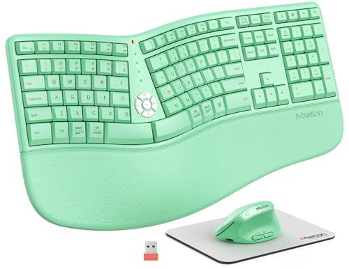 MEETION Ergonomic Keyboard and Mouse, Wireless Keyboard with Vertical Mouse, Split Curved Keyboard with Wrist Rest, Natural Typing Full Size, Windows/Mac/Computer/Laptop, Green - color: Green