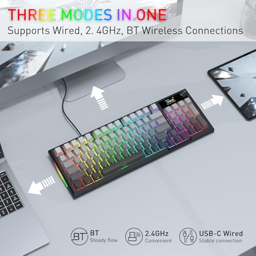 Redragon Wireless Mechanical Keyboard, Gasket RGB Gaming Keyboard with Screen & Knob, Tri-Mode BT5.0/2.4G/USB-C, 95 Keys Hot Swappable, Side Printed PBT Keycaps, Thick Pre-Lubed Linear Switch, K725SP - color: Grey