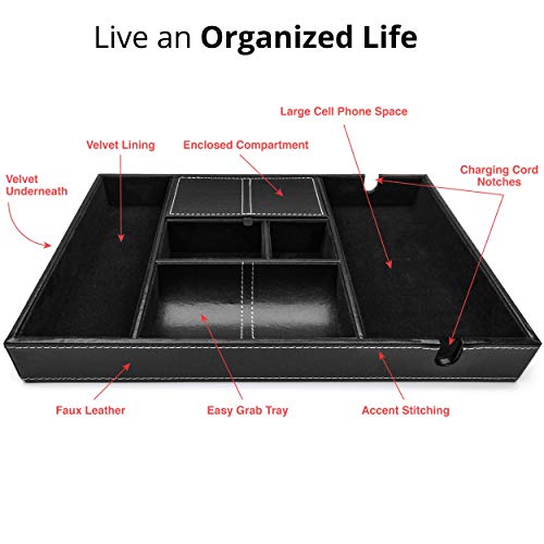 ULTRAY, Valet Tray for Men, Nightstand Organizer, Entry Table Organizer, Catch All, Black Faux Leather Box, 6 Compartments