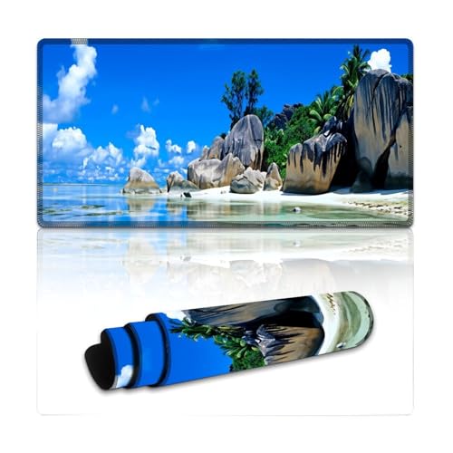 Beaches Scene France Seychelles Large Extended Gaming Mouse Pad (12x24in) - Durable Stitched Edges XXL Desk Mat for Keyboard and Mouse - Water Resistant & Non-Slip Rubber Base - color: black-3, size: 12x24in