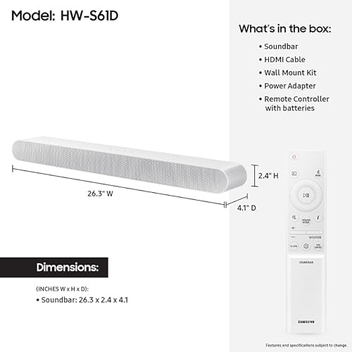 SAMSUNG S61D 5.0ch Soundbar w/Wireless Dolby Atmos Audio, All-in-One Design, Q-Symphony, SpaceFit Sound Pro, Adaptive Sound, Game Mode Pro with Alexa Built-in, HW-S61D/ZA - style: HW-S61D
