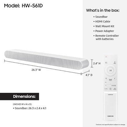 SAMSUNG S61D 5.0ch Soundbar w/Wireless Dolby Atmos Audio, All-in-One Design, Q-Symphony, SpaceFit Sound Pro, Adaptive Sound, Game Mode Pro with Alexa Built-in, HW-S61D/ZA - style: HW-S61D