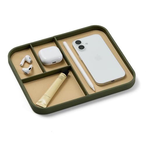 Nordik Leather Valet Tray - Moss Green - 9.5 x 7.9 Inch Medium Vegan Leather Tray - Stylish Nightstand Organizer for Men - Modern Bedside Caddy - EDC Catchall for Key Watch Wallet Jewellery - color: Moss Green, size: 9.5in x 7.9in