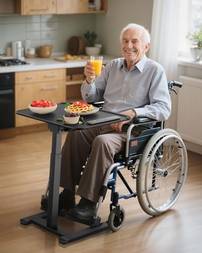 SAIJI Sturdy TV Tray Table with Wheels, Heavy Duty Metal TV Trays for Eating on Couch, Height & Angle Adjustable Desk for Bed, Sofa, Recliner, Portable Small Foldable Tables