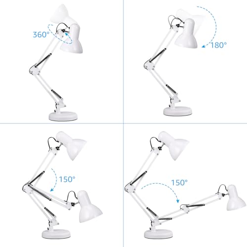 TORCHSTAR Metal Desk Lamp with Clamp, Swing Arm, Architect Adjustable Gooseneck Table Lamp, Clip Desk Lights for Home Office, Work, Study, Reading, E26 Base, Multi-Joint, White - color: White